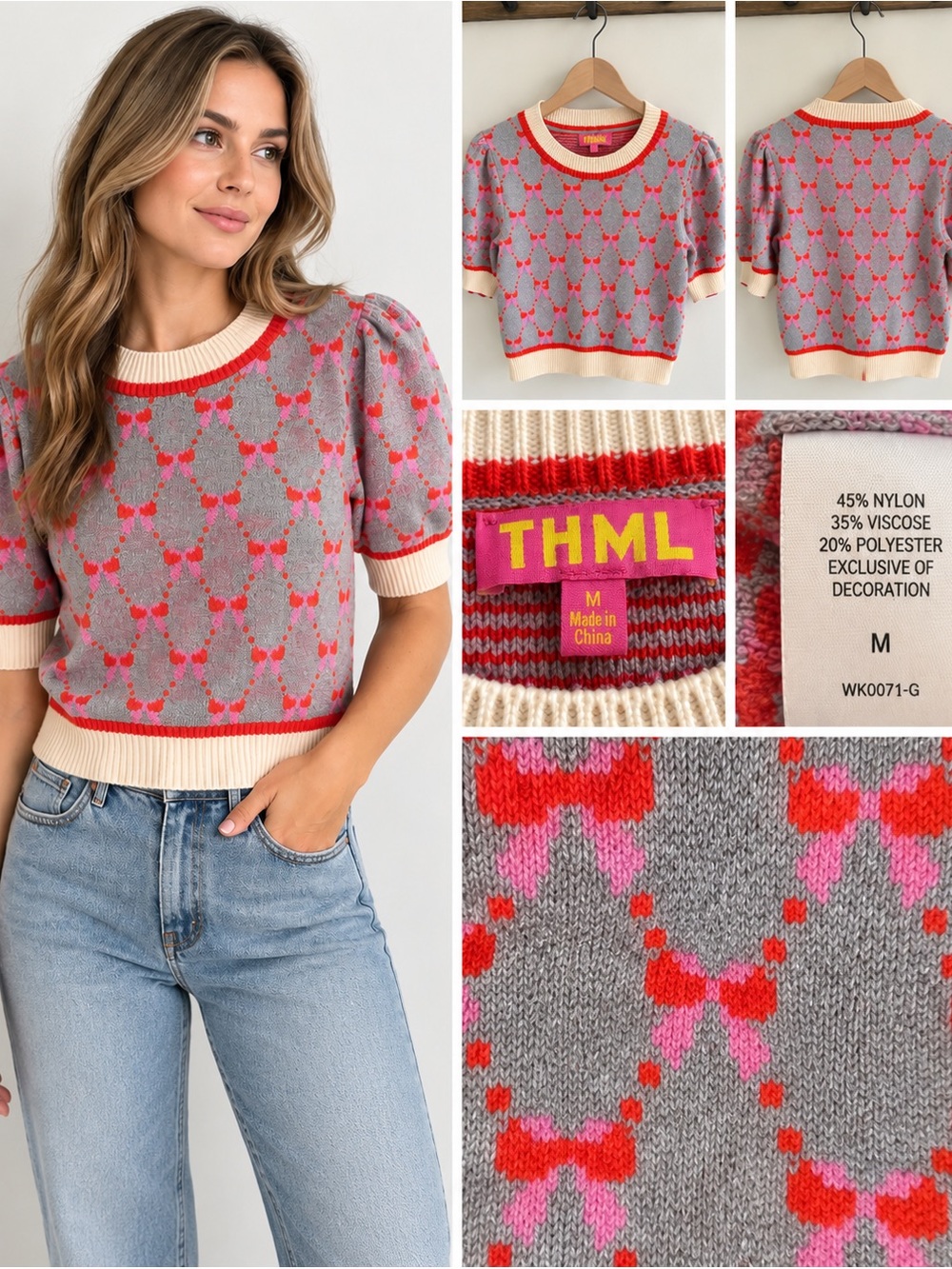 THML Bow Print Sweater M Gray Pink Red Puff Sleeve Coquette Novelty Knit